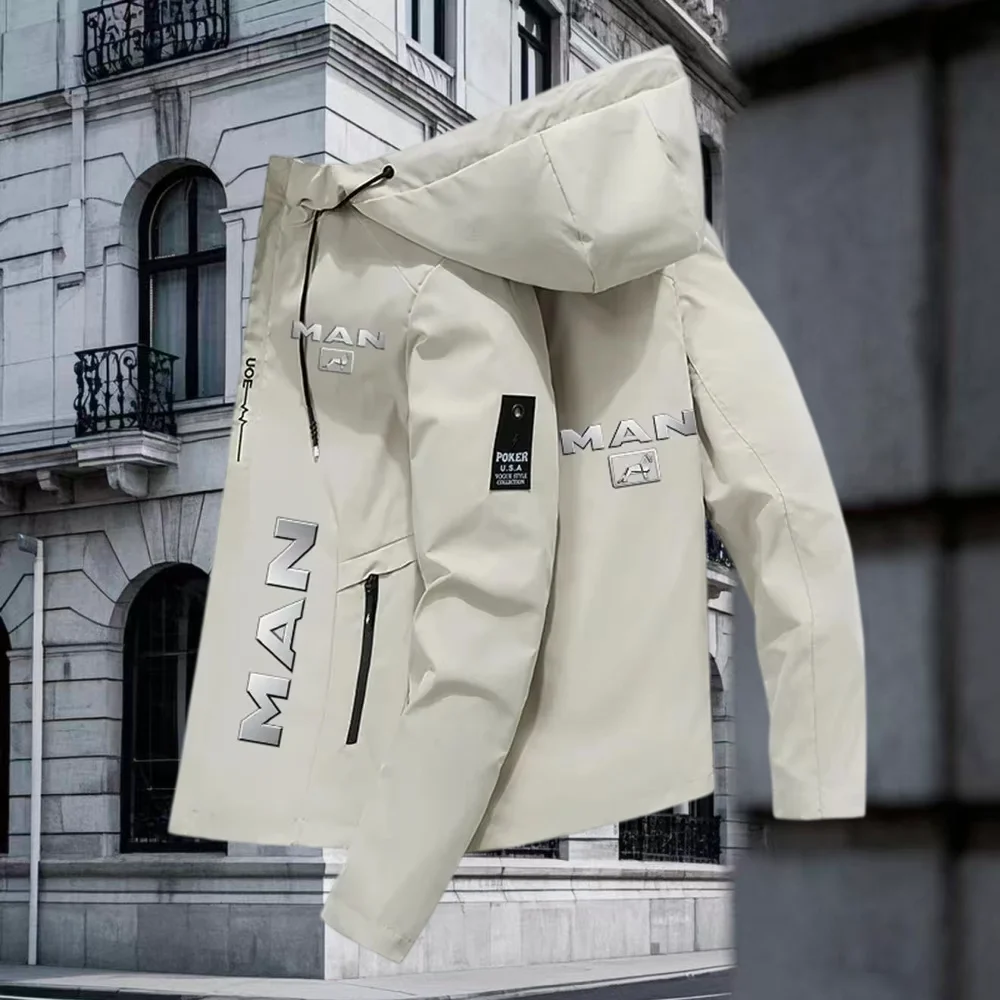New men's outdoor motorcycle riding windproof hooded jacket exquisite letter printed zipper pocket jacket for spring and autumn