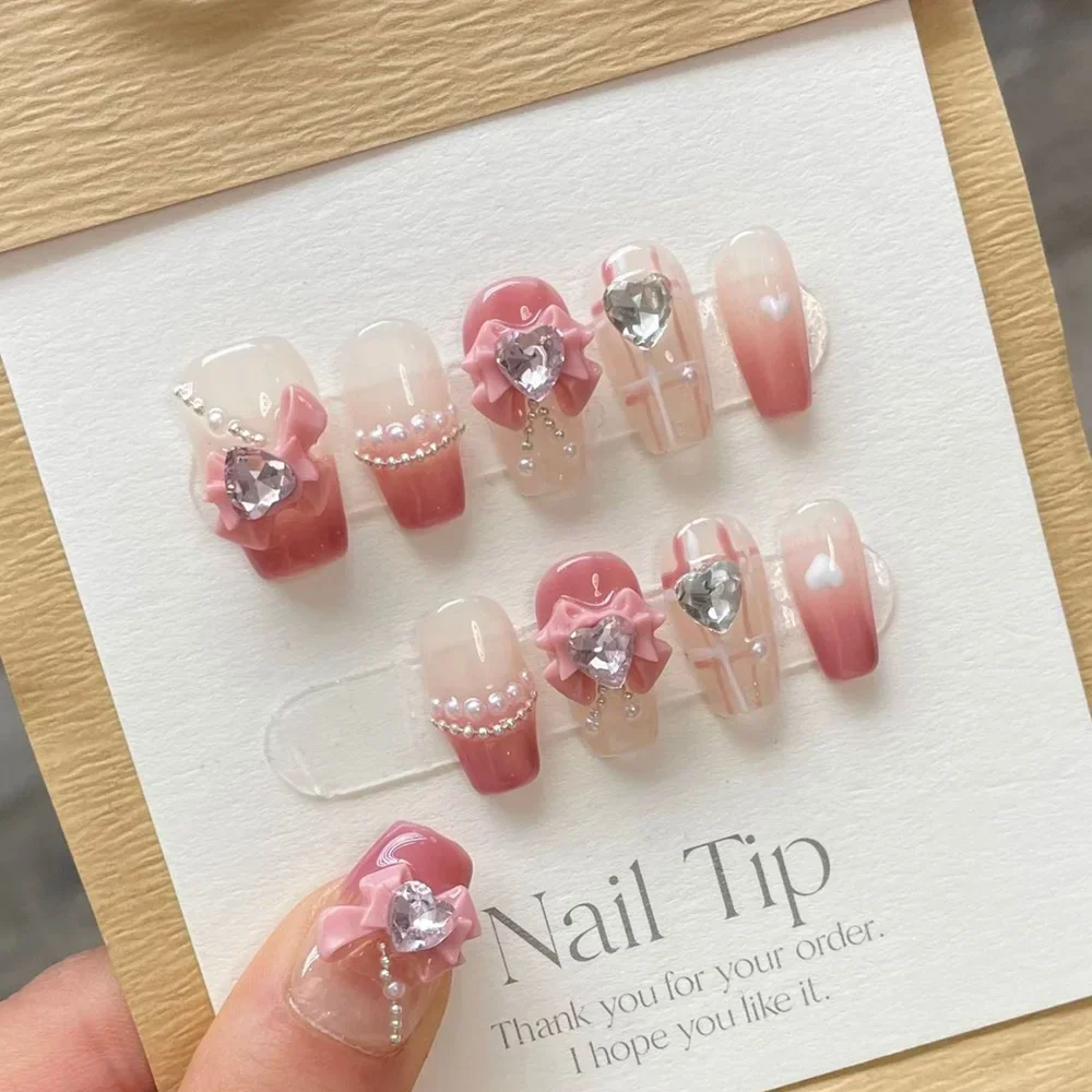 

Handmade Pink Press on Nails Cute Korean Design Medium-length Reusable Adhesive False Nails Artifical Full Cover Nail Tips Art