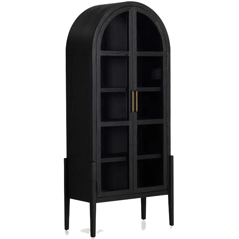 American arched bookcase French retro, Nordic solid wood can be customized, black dining side cabinet with glass door