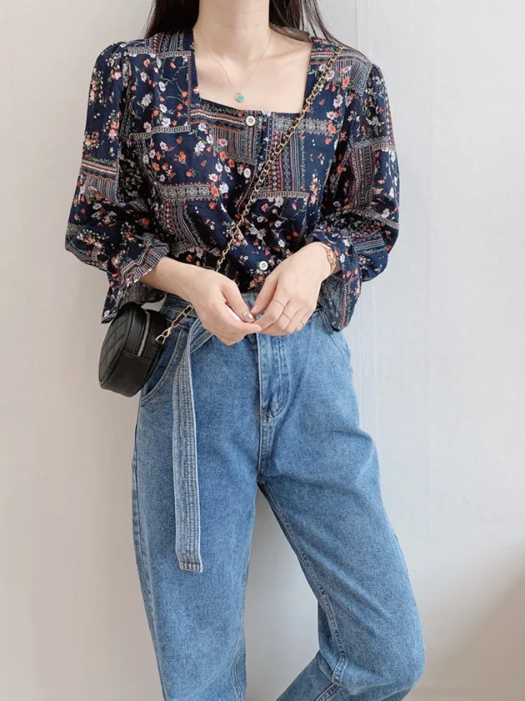 

Женская блузка с цветочным принтом в корейском стиле, с квадратным воротником, рукавами-колокол, в этническом стиле, весна-лето, повседневная, из полиэстера