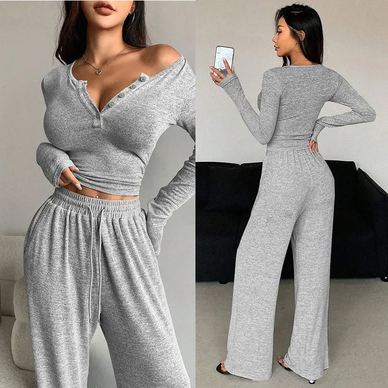 

Women's Pajamas Sexy Tight-fitting Button V-neck Long-sleeved Drawstring Long Trousers Two-piece Set Casual Simple Homewear