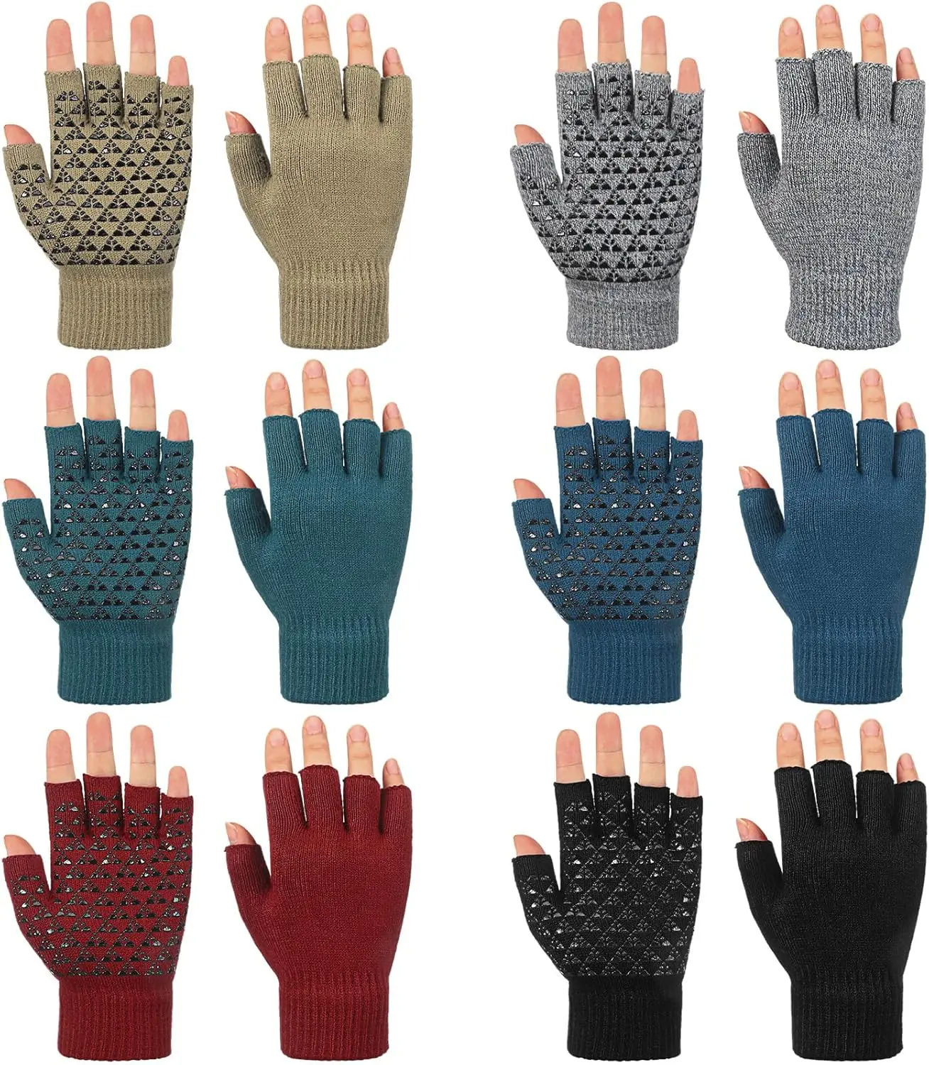 

6 Pairs Winter Half Fingerless Knit Gloves Stretchy Anti-Slip Warm Texting Mittens