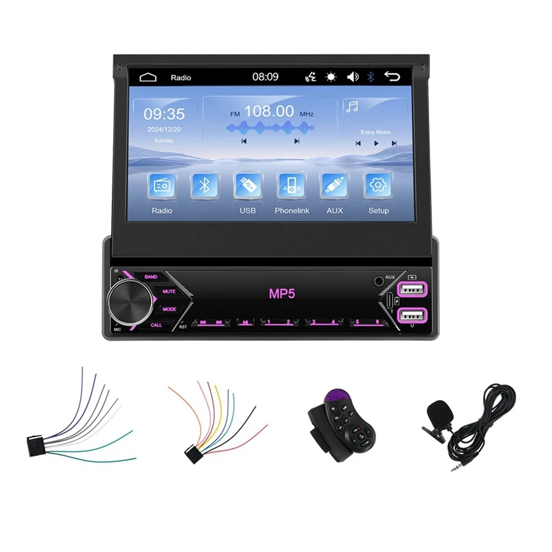 Single Din Car Stereo with Carplay Android Auto 7 Inch Retractable Touchscreen Radio Receiver with Bluetooth FM EQ SWC