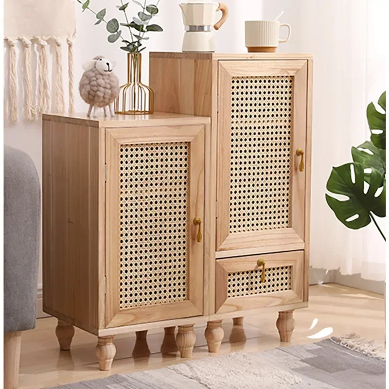 Modern Bedside Table Solid Wood Rattan Woven Storage Cabinet Multi-functional Sofa Cabinet Bedroom with Drawers Home Furniture