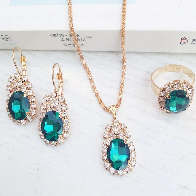 Gorgeous Multicolor Bridal Zircon Waterdrop Ring/Necklace/Earrings Jewelry Set for Women Anniversary Engagement Birthday Gifts