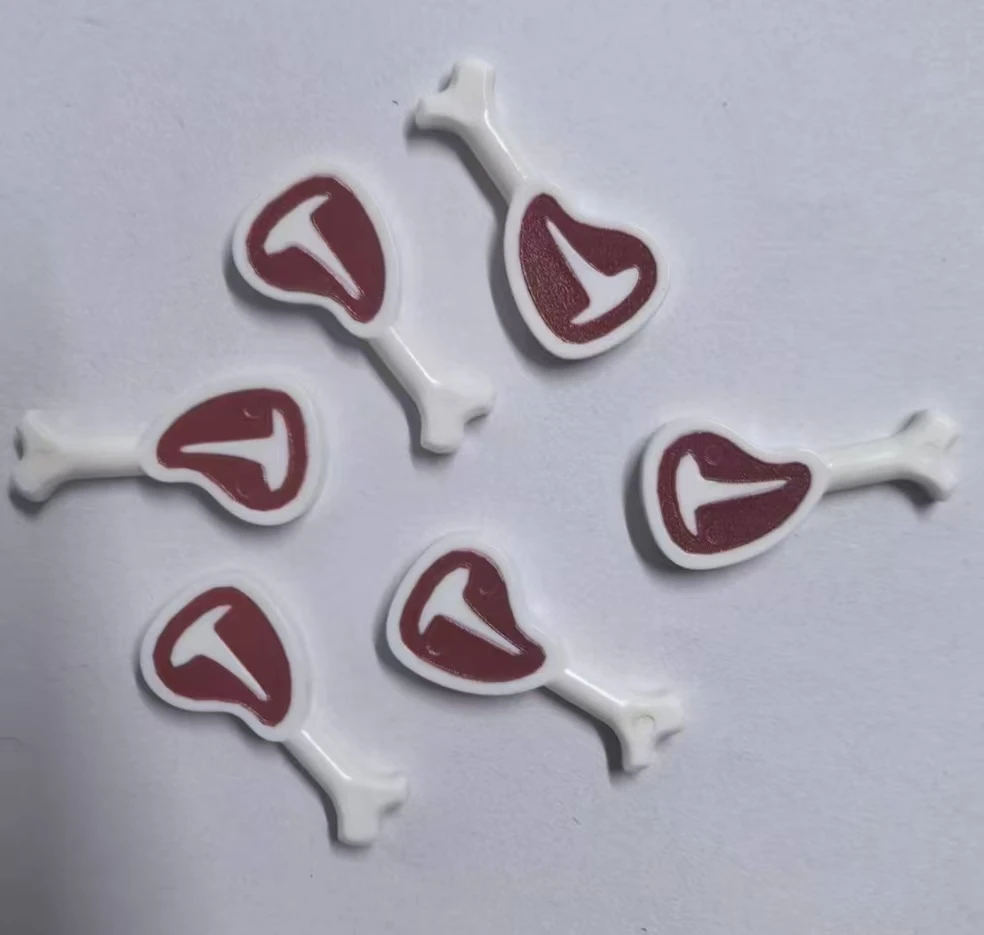 10PCS MOC Building Block Accessories Printed on Both Sides 98372pr0001 Red Meat Pattern with Bone Steak Food T-Shaped Bone Parts