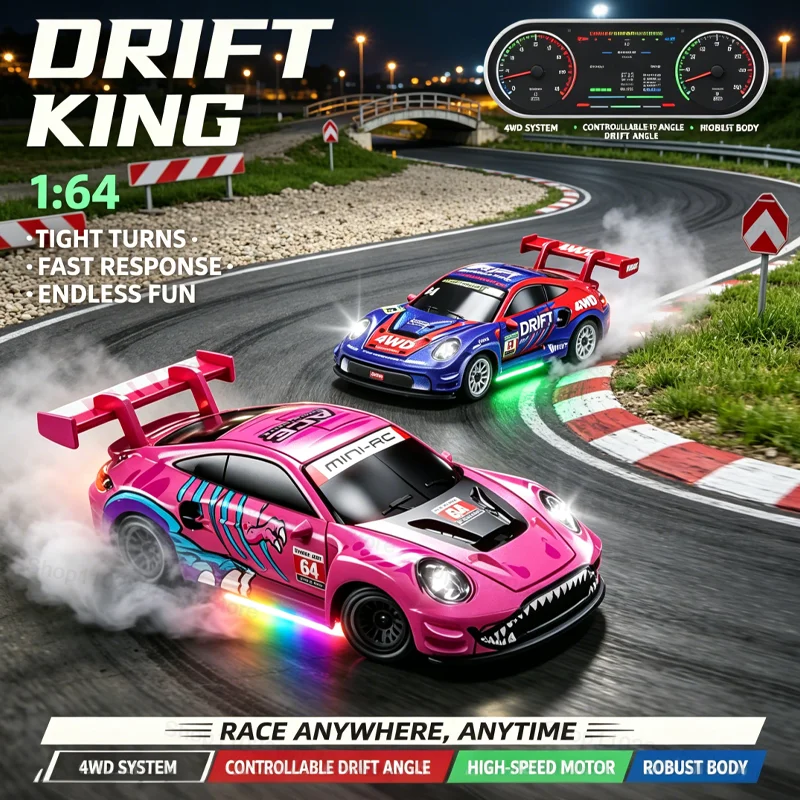 New 1/64 High Speed Drift RC Car with Light 2.4G 4WD Remote Control Car Desktop Mini Racing Cars Full Proportion Car Model Gifts