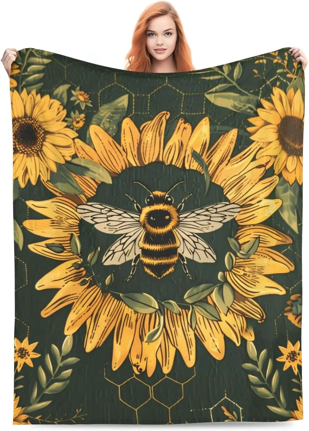Vintage Bumblebee Sunflower Leaf Honey Grid Full Pattern Soft Flannel Blanket Light Decor Blanket For Bed Living Room Travel
