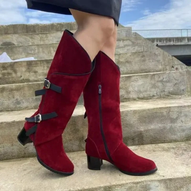 2025 New Women Knee Boots 5cm Square Heel Wide Leg Round Toe Flock Suede Buckles Black Red Casual Big Size 44 45 46 47