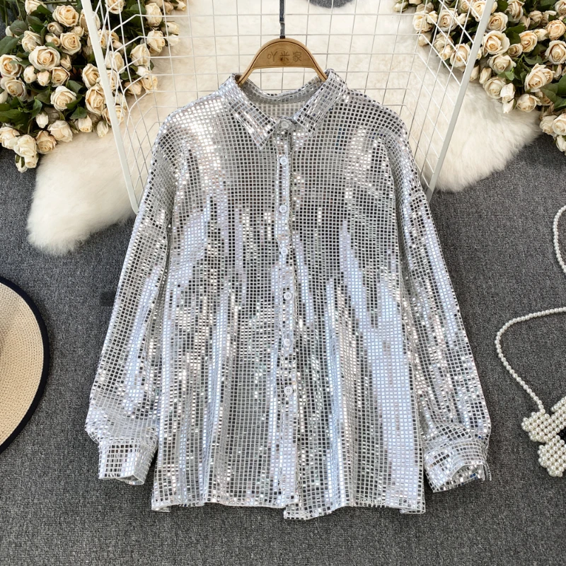 Women\'s Casual Shirt with Shiny Sequins Fashionable Blouses Turn-Down Collar Loose Tops Party Performance Wear Female Blouse