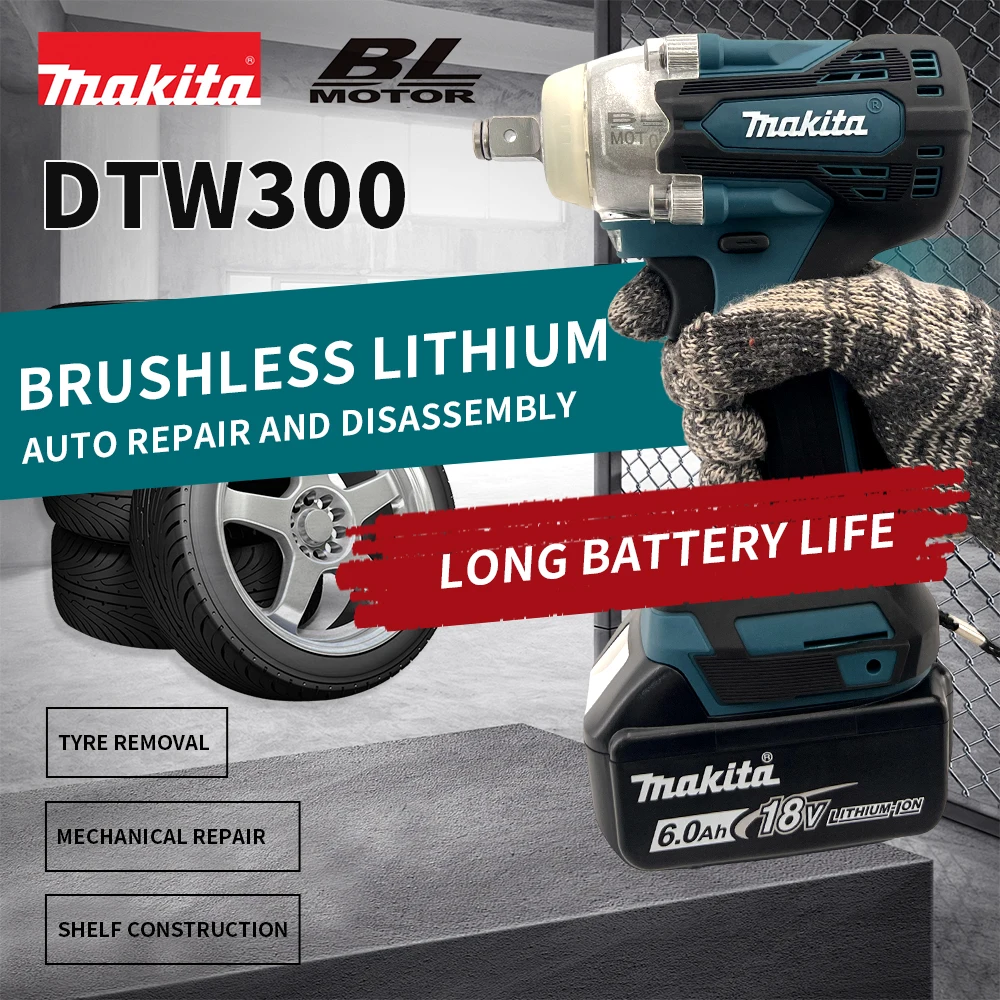 

Makita DTW300 18V Tool Set Brushless Power Large Cordless Wrench 330Nm Torque Wind Cannon Remove Tire Lithium Auto Repair