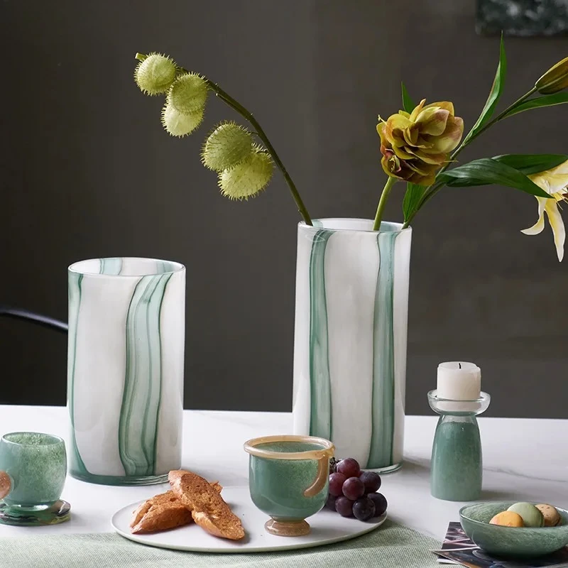Green Gradient Painted Glass Vase Hydroponic Plant Pot Table Decoration Flower Arrangement Floral Vases Room Aesthetic Decor