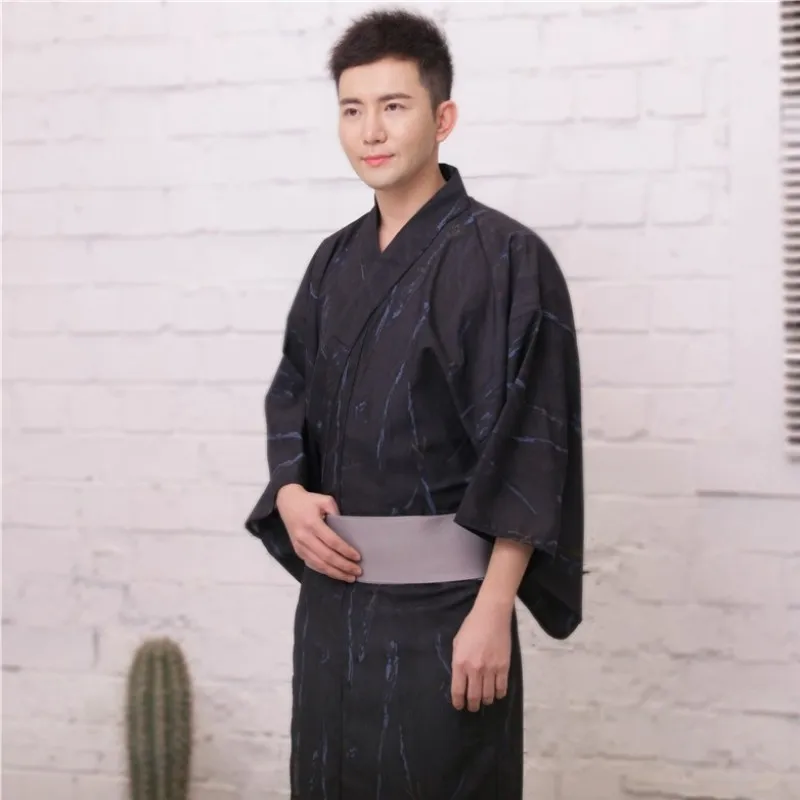 Traditional Japan Yukata Robe Men's Dressing Gown Male Lounge with Belt Japanese Pajama Kimono Easy Wearing Design Obi Yukata