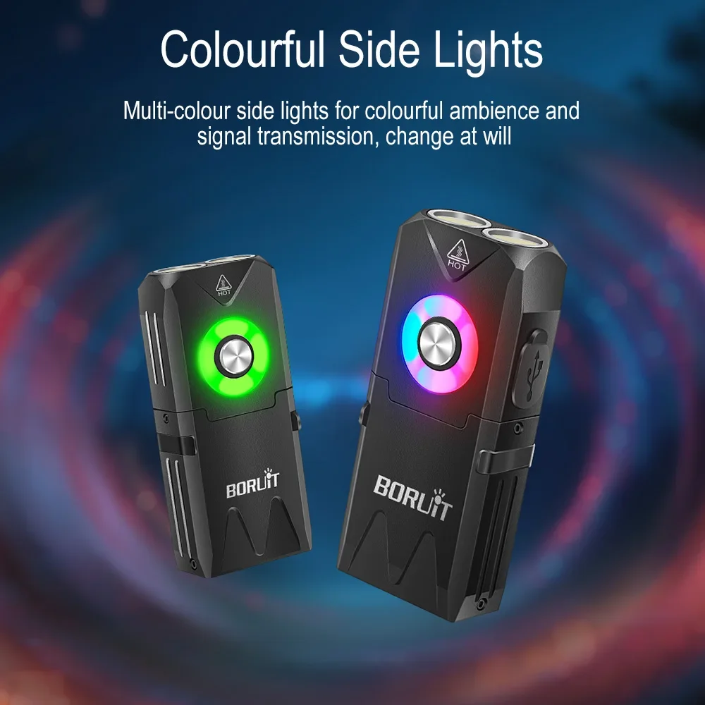 BORUiT EV25 EDC Keychain Flashlight 650LM RGB Light Type-C Rechargeable Mini Torch Magnetic Work Light Camping Pocket Lantern