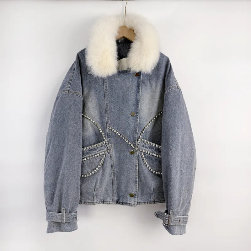 

Ele Faux Fur Collar Single Button Zipper Diamond Decorated Loose Top Coat down Jaet Street Sle High Waist Long Sve