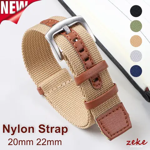 20mm 22mm 나일론 가죽 시계 스트랩 빈티지 카키 필드 시계줄 그린 블랙 그레이 캔버스 직조 벨트 남성 야외 스포츠 팔찌