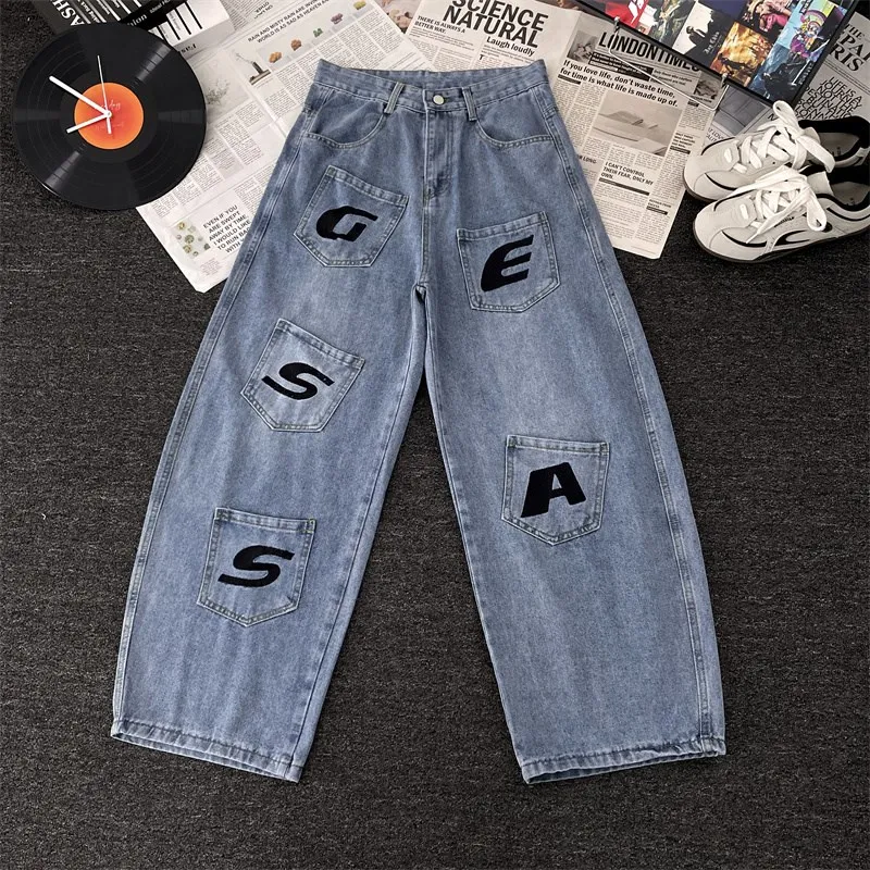 

High Street Embroidered Flared Denim Jeans Wide Leg Pants for Women Knife Design Multi ket Workwear Autumn Trendy Jeans