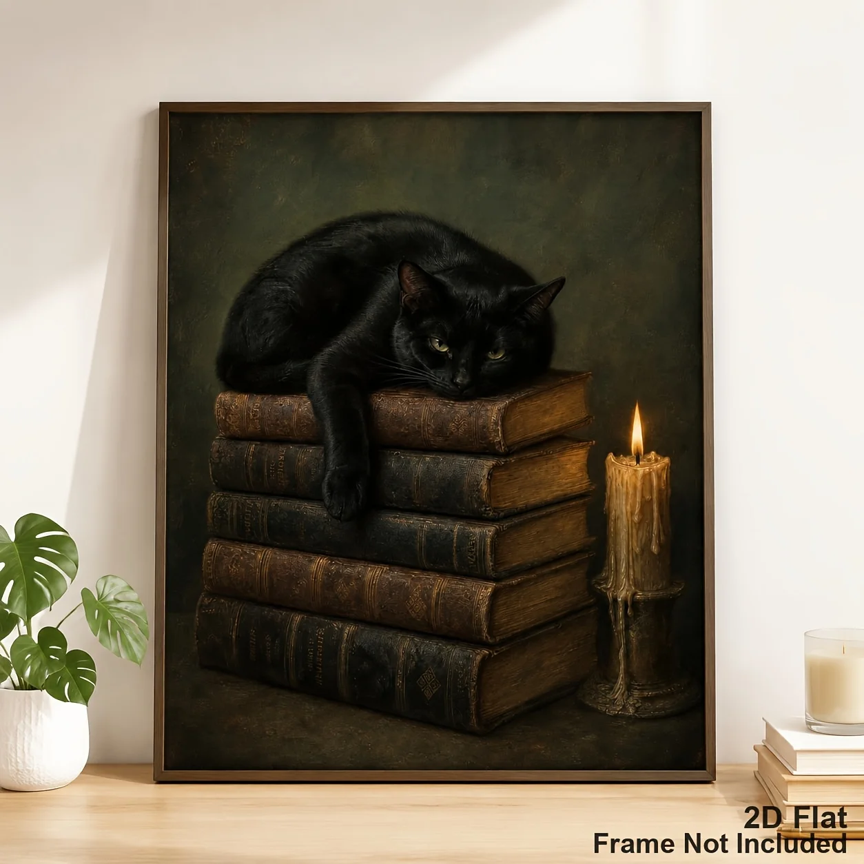(No frame)2D Flat, Gothic Suitable for Rooms Vintage Canvas - Vertical Unframed Wall Art: Black Cat on Vintage Books with Can