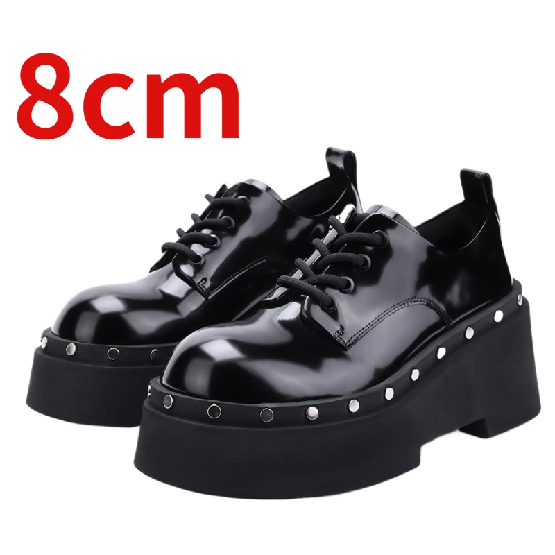 

British Thick Platform Small Leather Shoes for Women's Increased 8cm Spring New Genuine Leather Heightening Black Loafers Shoes