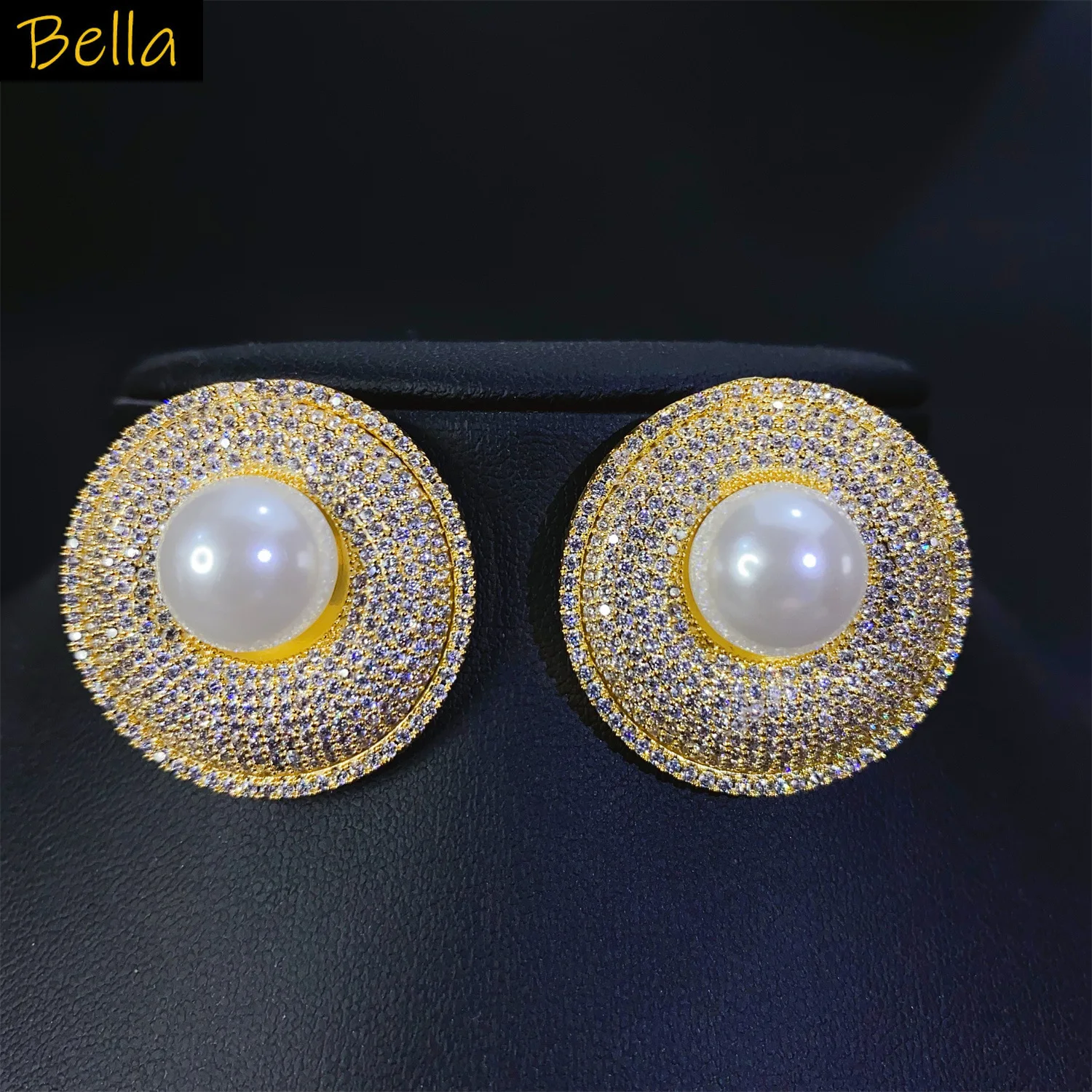 

luxury elegant stud earrings bride wedding evening party shiny full zircon silver gold color large round stud earrings women