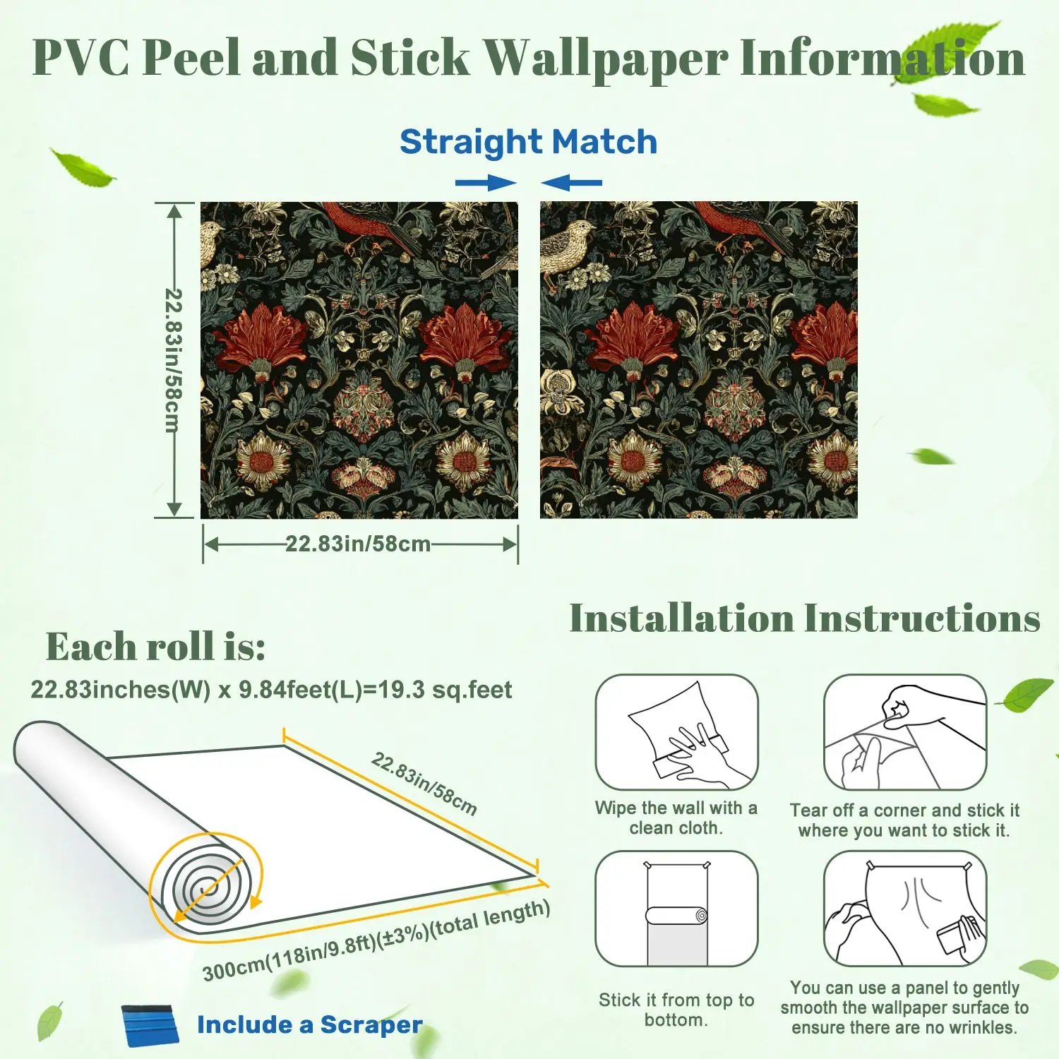 Vintage Floral Birds Laub Tapete 22,83"X118" wasserdichte Tapete für Wohnzimmer/Schlafzimmer/Badezimmer PVC-Wandaufkleber