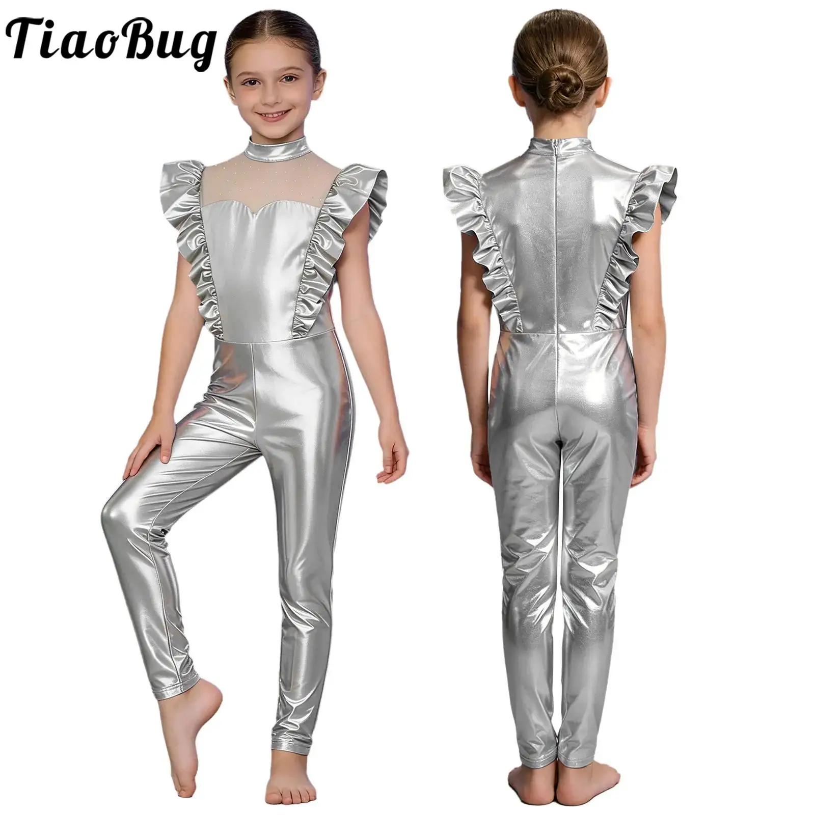 Kids Girls Metallic Gloss Alien Space Robot Cosplay Costume Ballet Dance Gymnastics Leotard Ruffled Flying Sleeve Mesh Jumpsuit