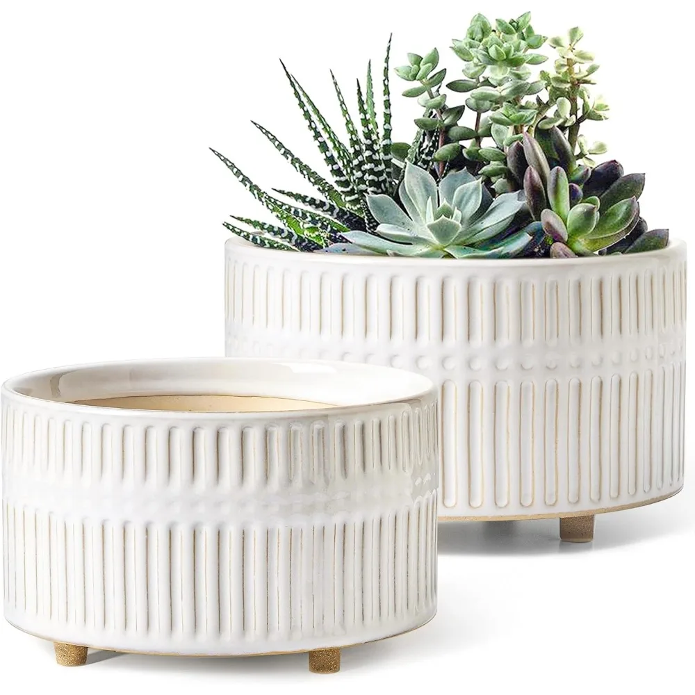 Ceramic Indoor Plant Pots, 6.5+8 Inch, Drainage Hole, Set of 2, Reactive Glaze White