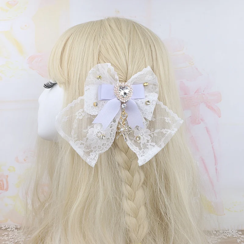 Pinces à cheveux pour femmes, gros nœuds ornés, dentelle luxuriante, épingles à cheveux faites à la main, Accessoires avec nœud Lolita, strass, pinces à cheveux tendance pour femmes