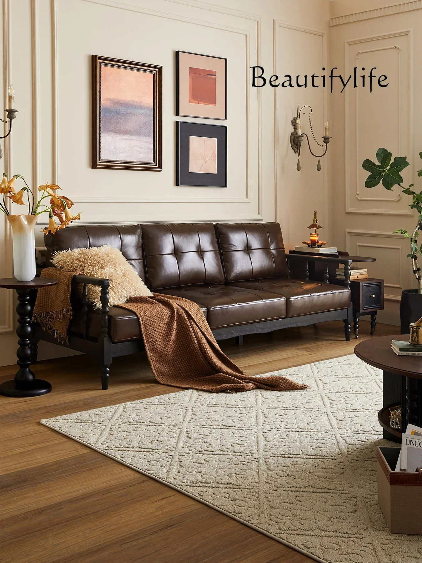 

Французский кожаный диван в стиле ретро для гостиной, небольшой квартиры, простая высококачественная мебель из массива дерева