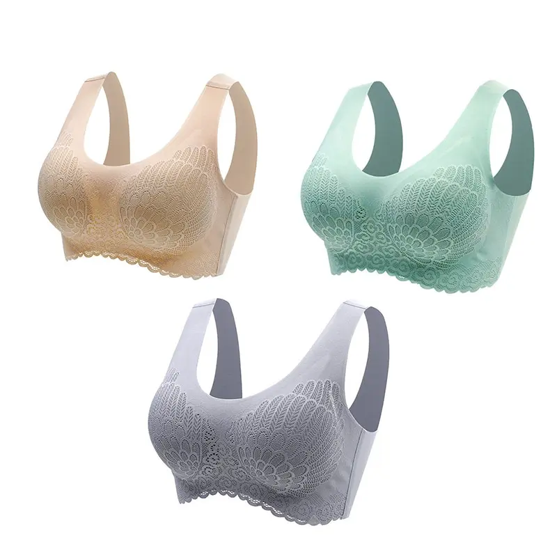 3PCS Lace Latex Bra Seamless No Steel Ring Gathering Sports Tank Top Bra Beauty Back Bra Removable Padding