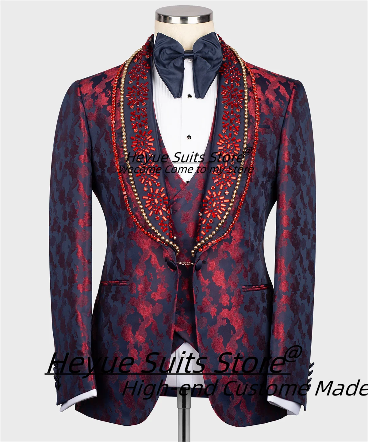 

High-qublity Jacquard Men Suits Customized Slim Fit Shawl Lapel Groom Wedding Tuxedos 3 Pcs Sets Male Party Blazers Ropa Hombre