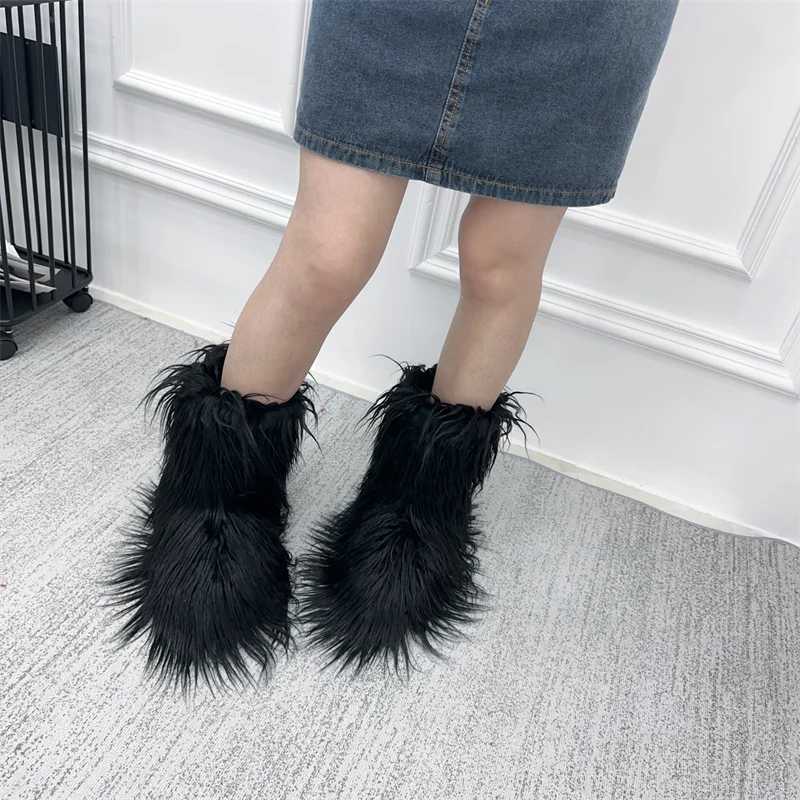 Women Winter Warm Fluffy Faux Fur Boots Luxury Designer Faux Fur Mid-Calf Boots Girl\'s Fashion Long Hair Outdoor Boots Wholesale