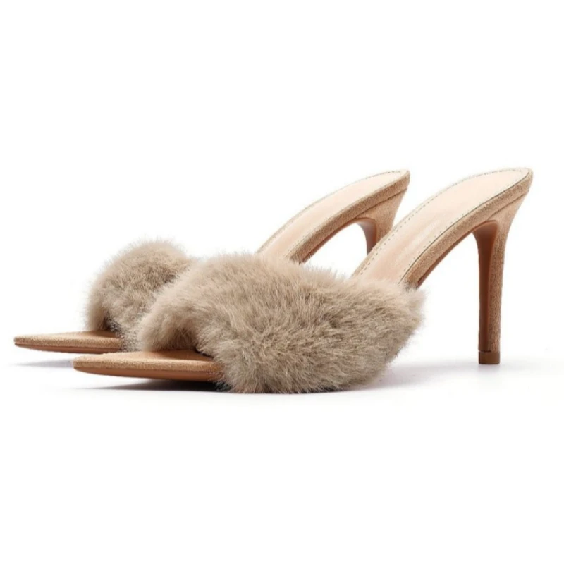 

Women pointed Toe Faux Fur Sandals High Heels Mules Ladies Sexy Fluffy Stiletto Slippers Summer Party Dress Shoes Plush Slides