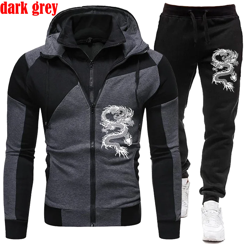 2025 New Fashionable Dragon Print Men's Sports Set Zipper Hoodie Set Two Piece Set Slow Running Leisure Set Sportswear