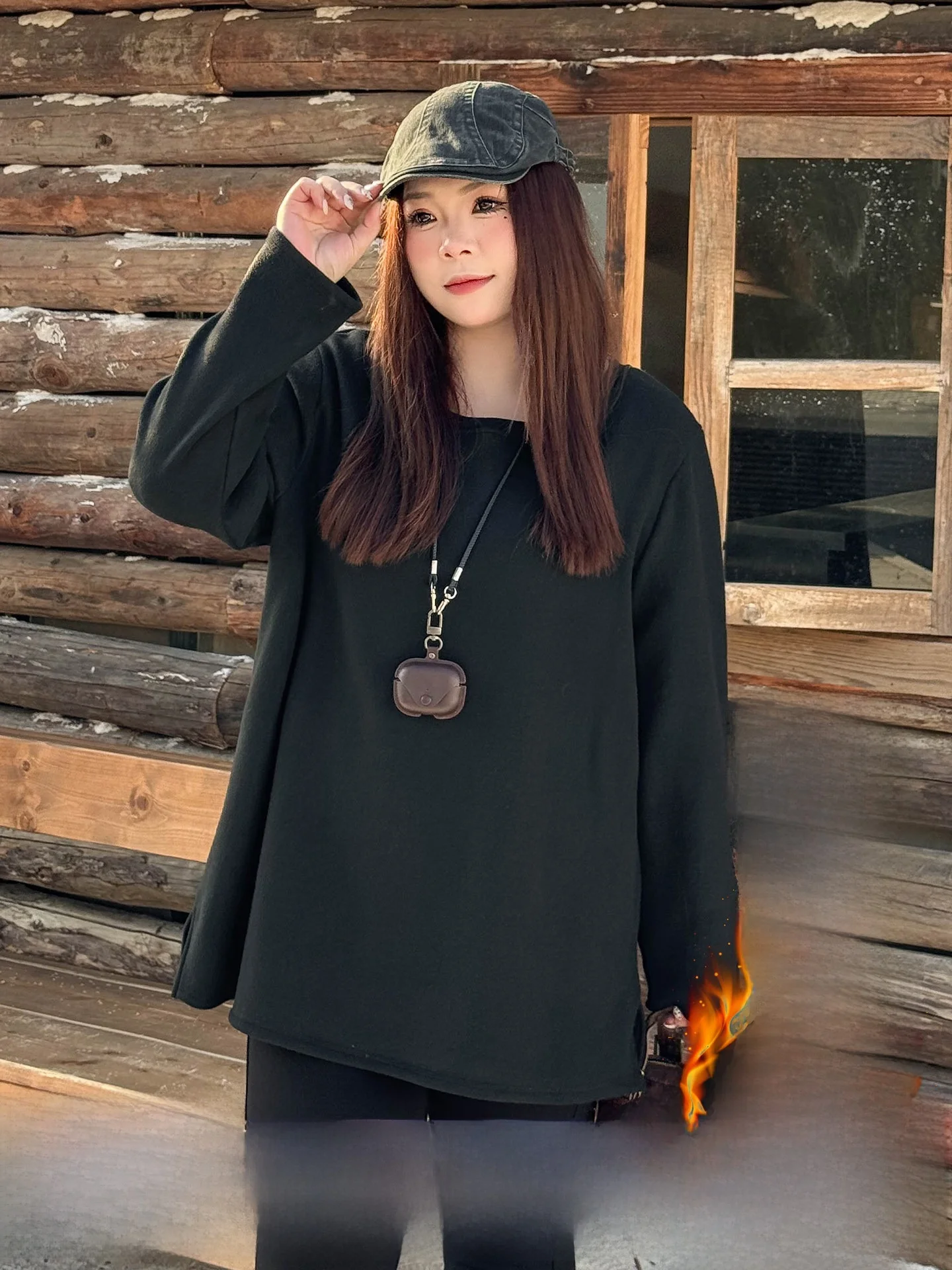 

plus Size Women's Fce Lined Long Sve round Ne T-irt Knitwear Loose Fit mid Length Spring Faion Korean Sle