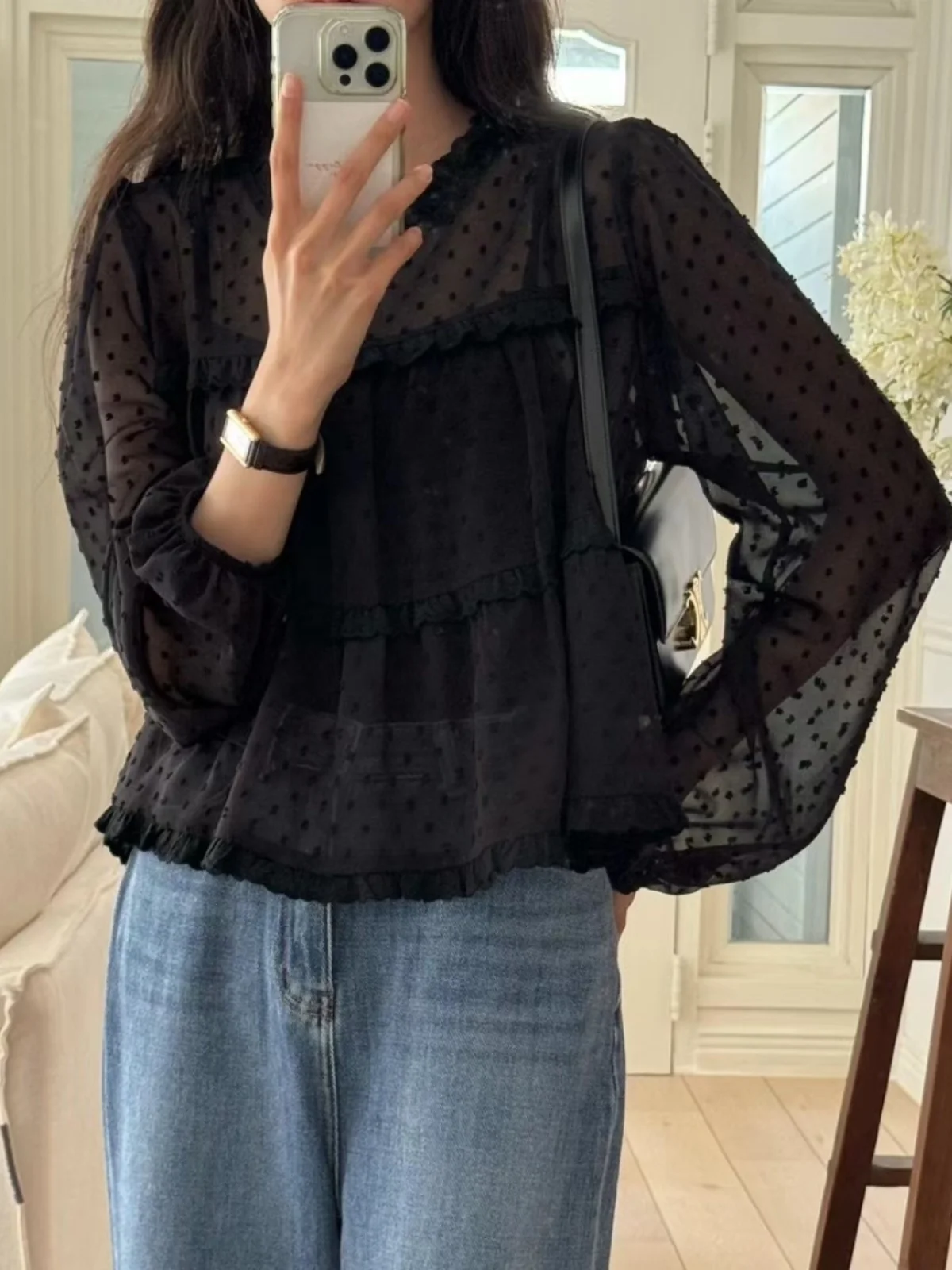 シックなラウンドネック水玉模様長袖シャツレディースインナーウェアトップス春新鮮な若々しい韓国スタイルルーズフィットブラウス