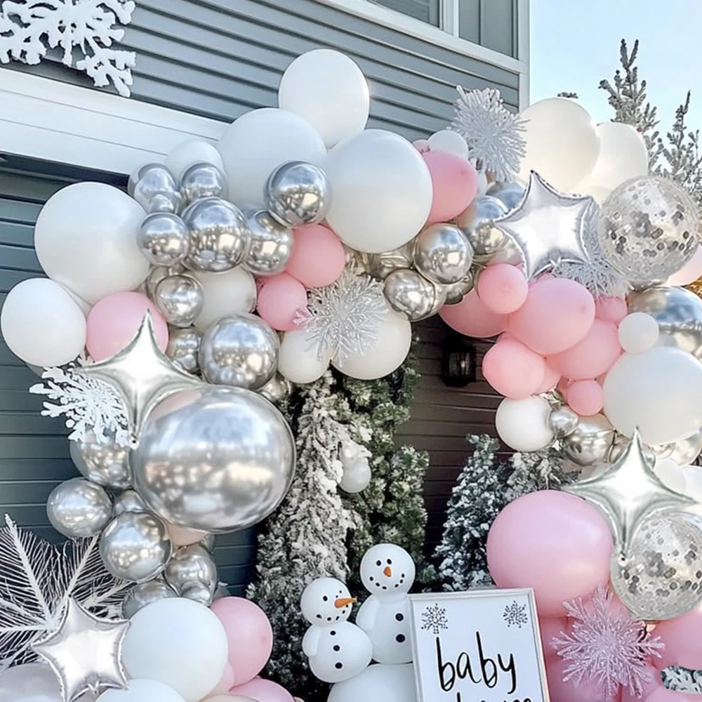98 قطعة من بالونات الشتاء العجائب، مجموعة قوس بالونات فضية باللون الأبيض والوردي لحفلات أعياد الميلاد وحفلات استقبال المولود الجديد وكشف الجنس #4