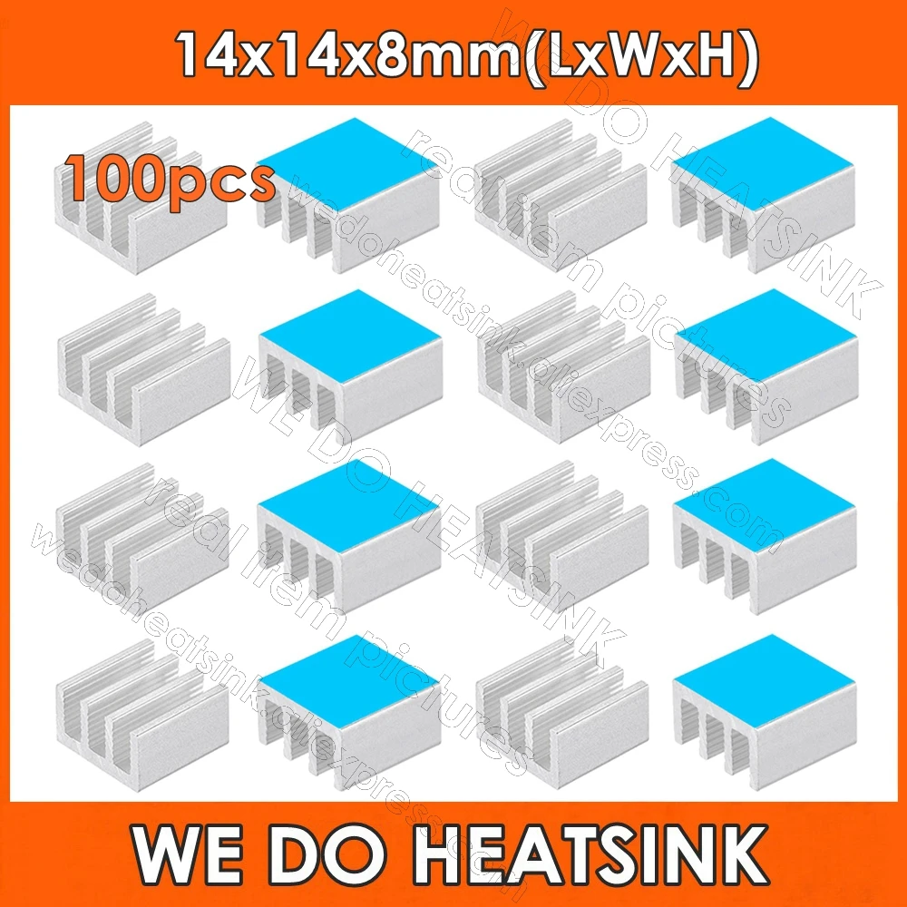 

WE DO HEATSINK 100pcs 14x14x8mm Extruded Aluminum Heat Sink IC Radiator Cooler With Thermally Conductive Adhesive Transfer Tape