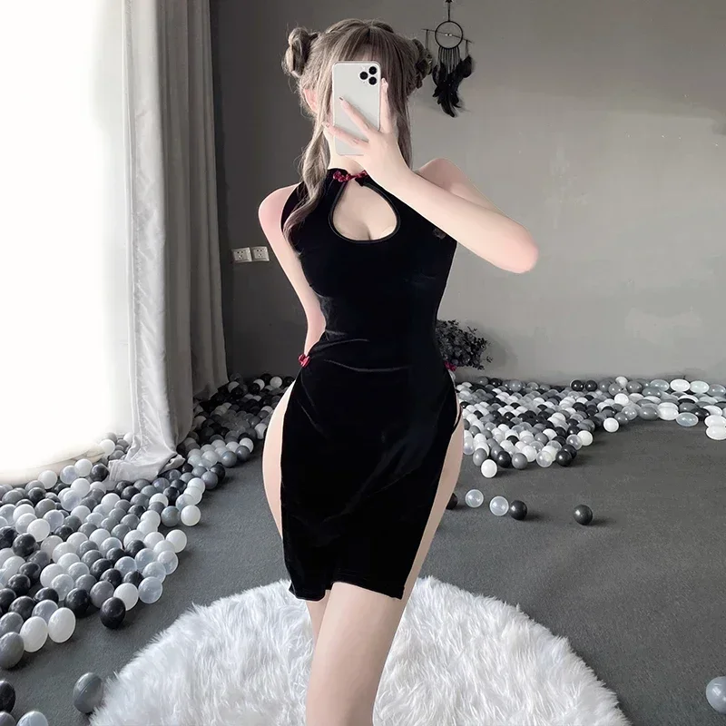 Sexy Lingerie Black High Split Cheongsam Uniform Backless Lacing Exotic Dresses Hollow Out Cheong-sam Night Club Wear Women Girl