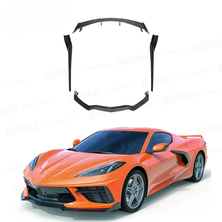 Carbon Fiber and Gloss Black ABS Body Kit for Chevrolet Corvette C8 Front Lip Side Skirts Spoiler