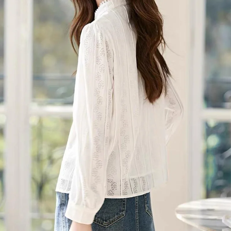 2024 New Summer Office Lady Loose Casual Bohemian Women's Shirt Hollow Out Chiffon Knittingbutton O Neck Long Sleeve Chic Tops