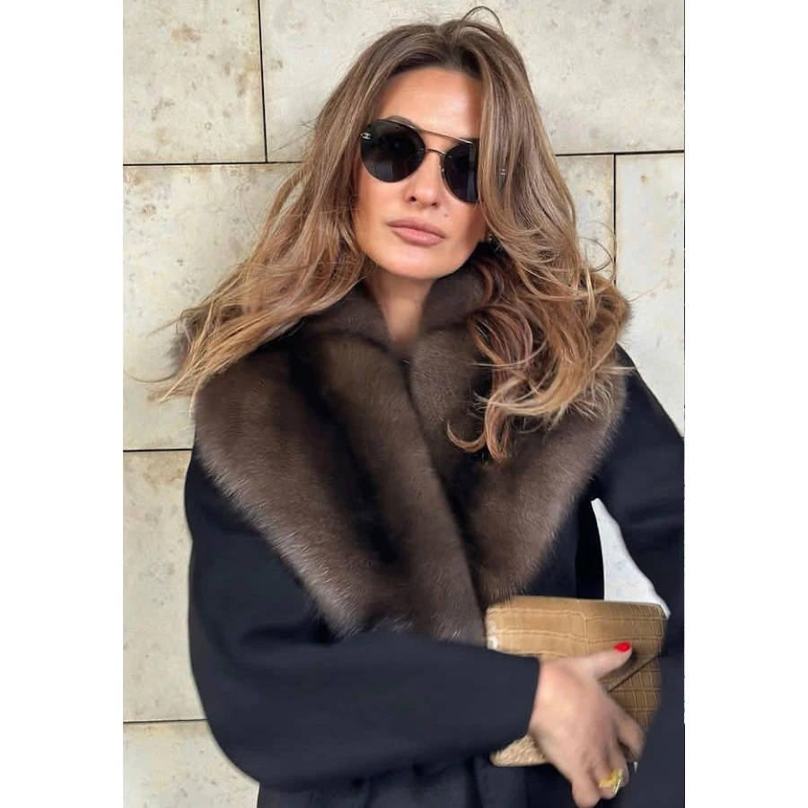 Ladies Clothing Real Wool Coat With Fox Fur Lapel Collar Winter 2024 New Cashmere Coat Long Fur Jacket