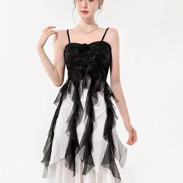 Cool Transparent Lace Tassel Camisole Ruffled Edge A-line Mesh Slim Crop Top Sweet Streetwear Sleeveless Top Women Club