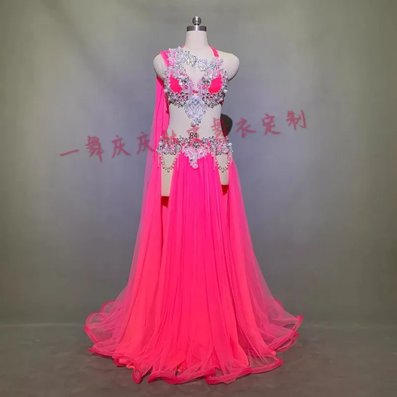 Costume de danse du ventre personnalisé, Sexy, Double couche, grande jupe pivotante, Costume de danse orientale, robe de compétition de spectacle d'équipe pour femmes