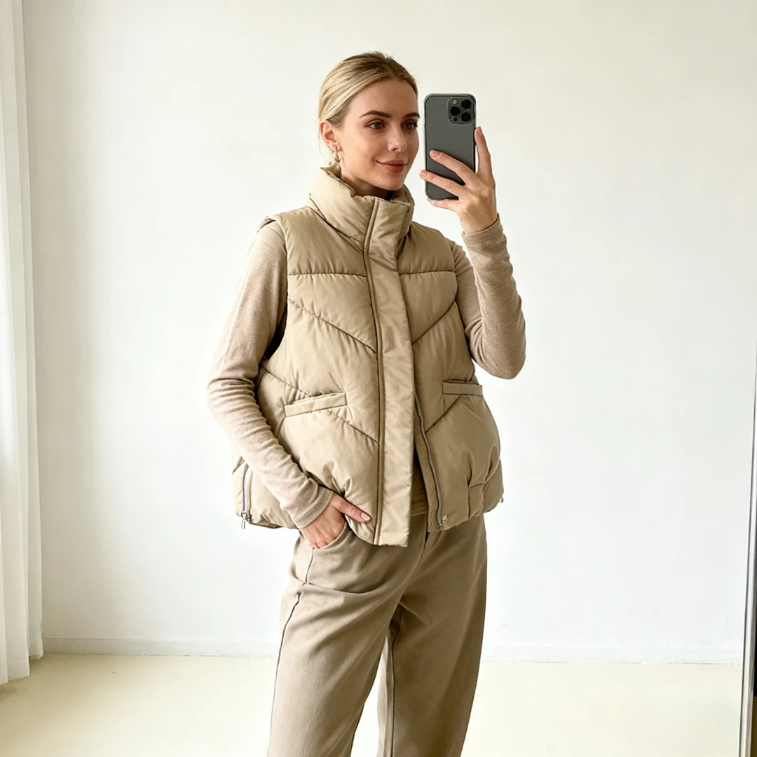 Women Vest Parkas Short Coats Warm Jackets Winter Solid Regular Stand Collar Sleeveless Thick 2025 Splice Zipper Pockets Coat