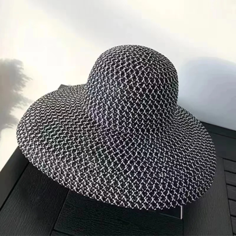 Sombrero de paja de ala ancha, visera de seda brillante, malla para el sol, gorra cóncava de Hepburn francés, protector solar para playa al aire libre, Verano