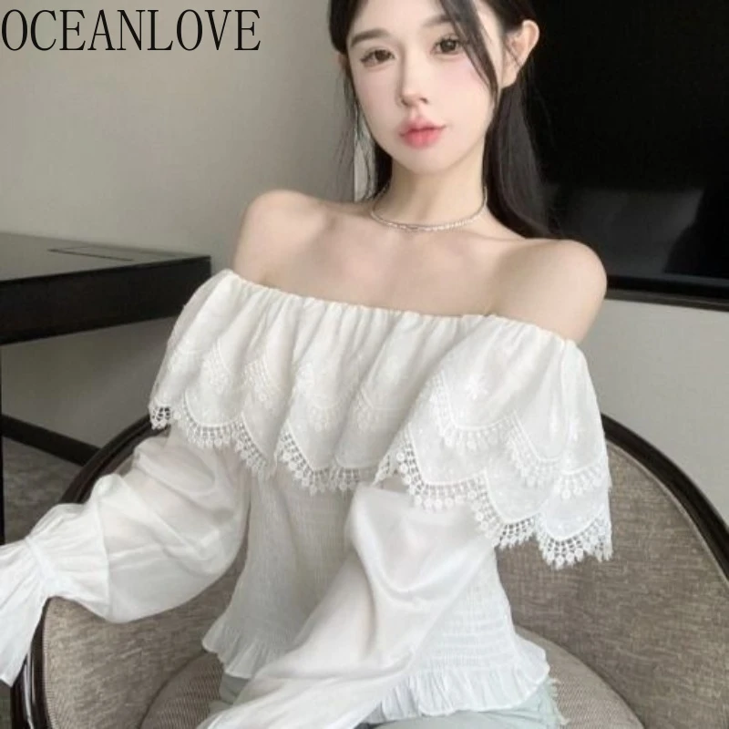 

OCEANLOVE Lace Ruffles Women Shirts&blouses Slash Neck Solid Puff Sleeve Blusas Mujer Spring Fall Korean Fashion Retro Camisas