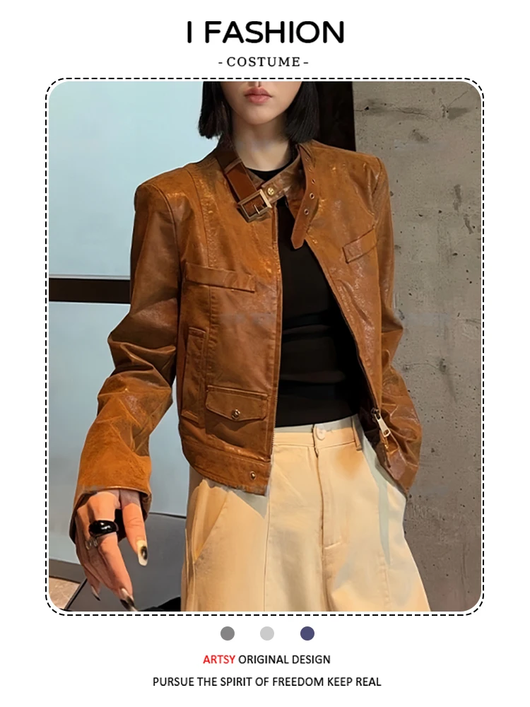 Jaet Retro único para mujer, abrigo de cuero adelgazante de aspecto joven, informal, holgado, con cierre de cremallera, otoño 2025