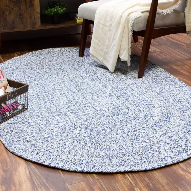 Farmhouse Braided Rug Cotton Kitchen Reversible Carpet, Blue & White, 8' X 10' Oval