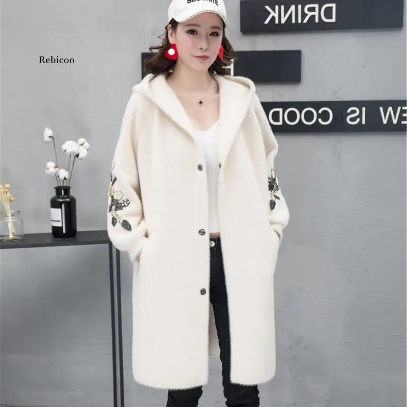 

Imitation Water Velvet Coat Women Knit Cardigan New Autumn Winter Long Sleeve Hooded Warm Mid-Length Windbreaker Outerwear